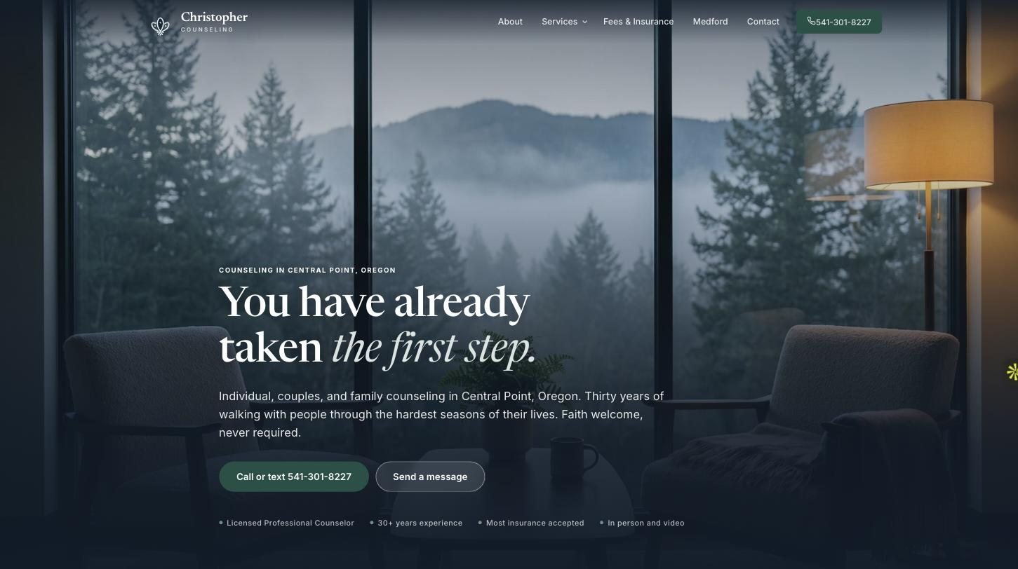 The Christopher Counseling homepage we designed and built: a foggy Pacific Northwest counseling office behind the headline You have already taken the first step