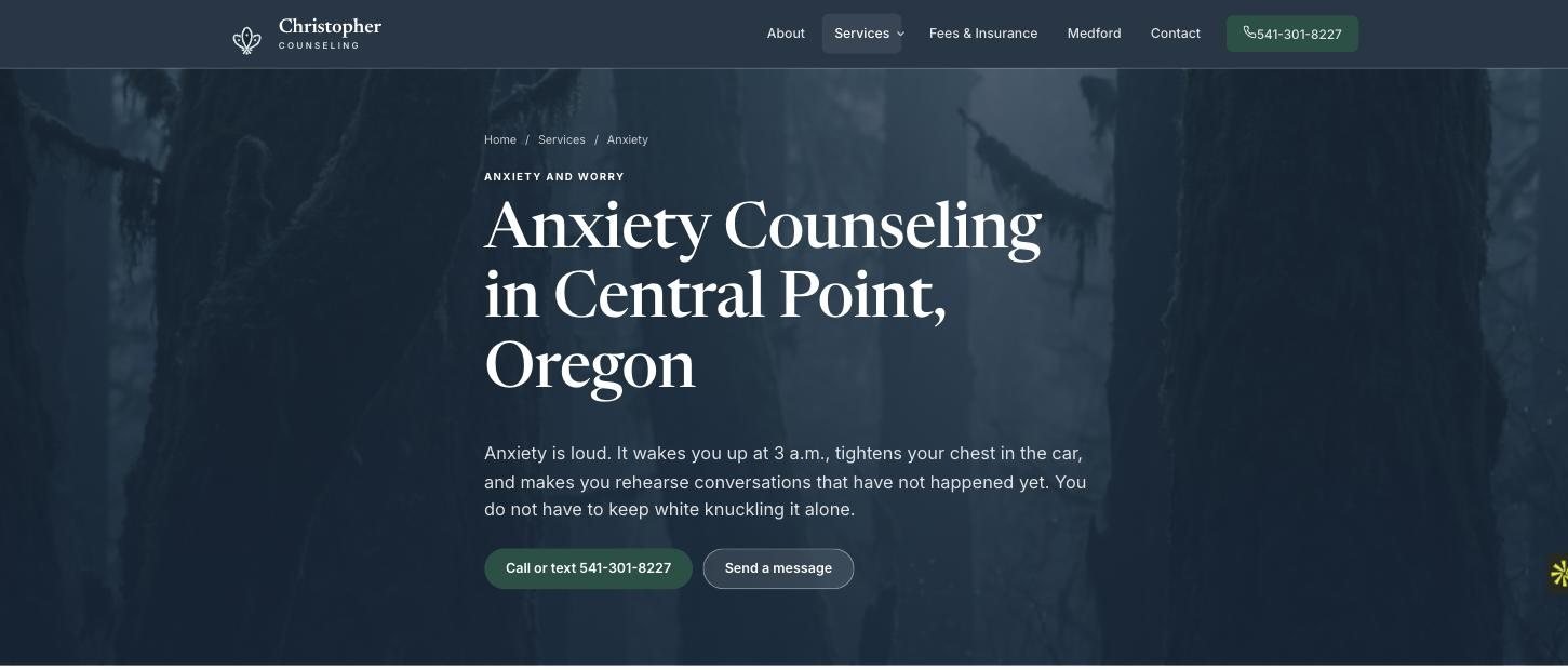 The anxiety counseling service page: headline Anxiety Counseling in Central Point, Oregon over a foggy forest with call and message buttons