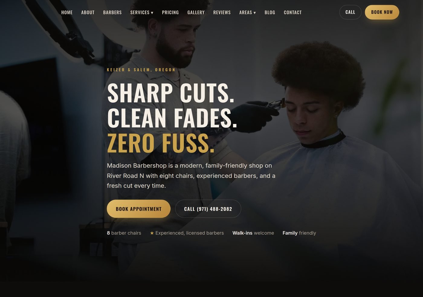 New Madison Barbershop homepage with hero photography, full navigation, and booking calls to action