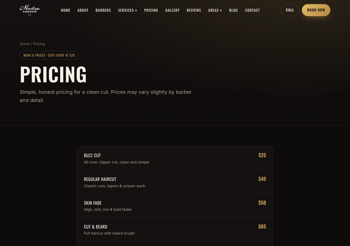 New pricing page showing the current ten-service menu