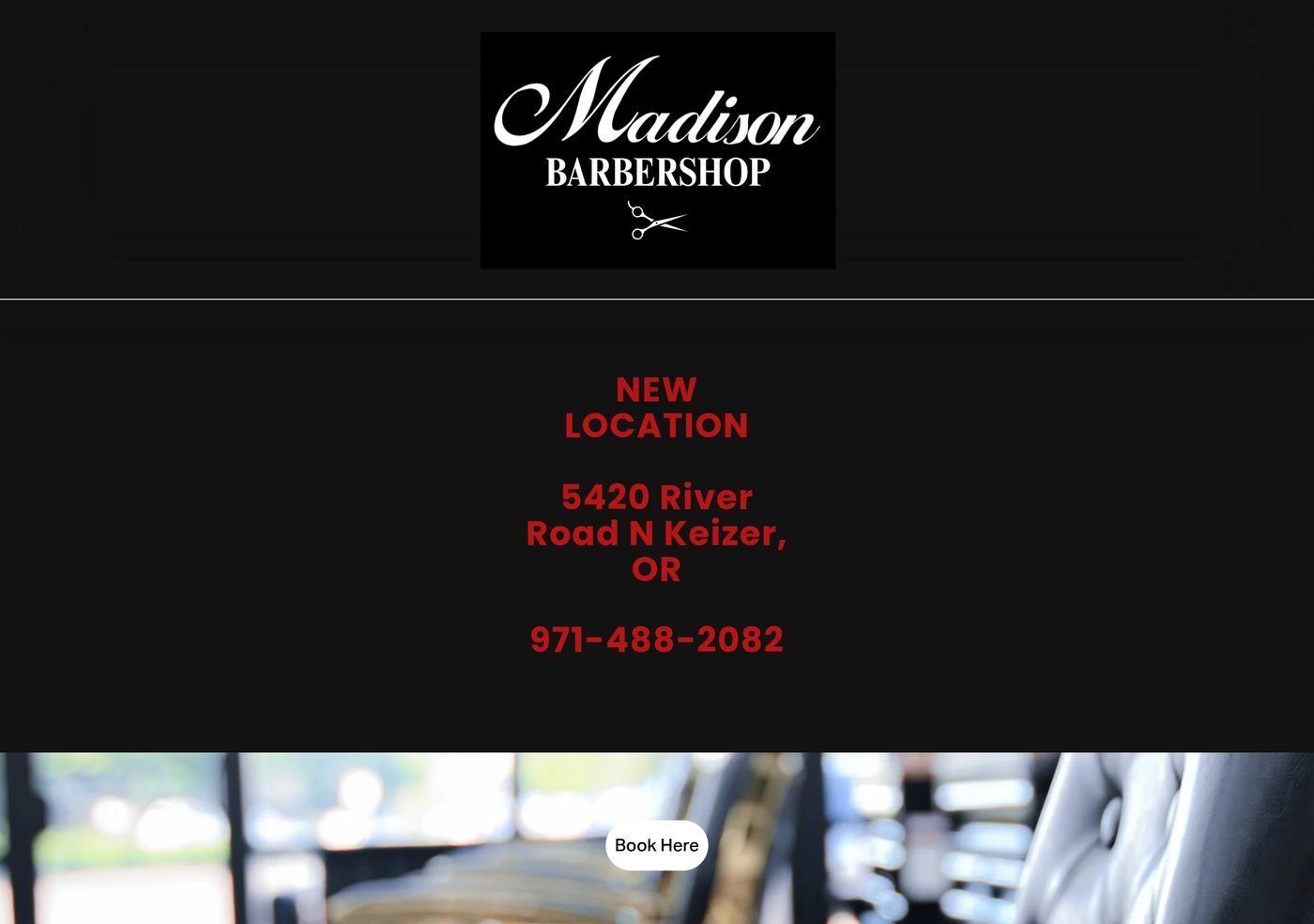 Old Madison Barbershop website: a single dark page with a logo, address, and phone number
